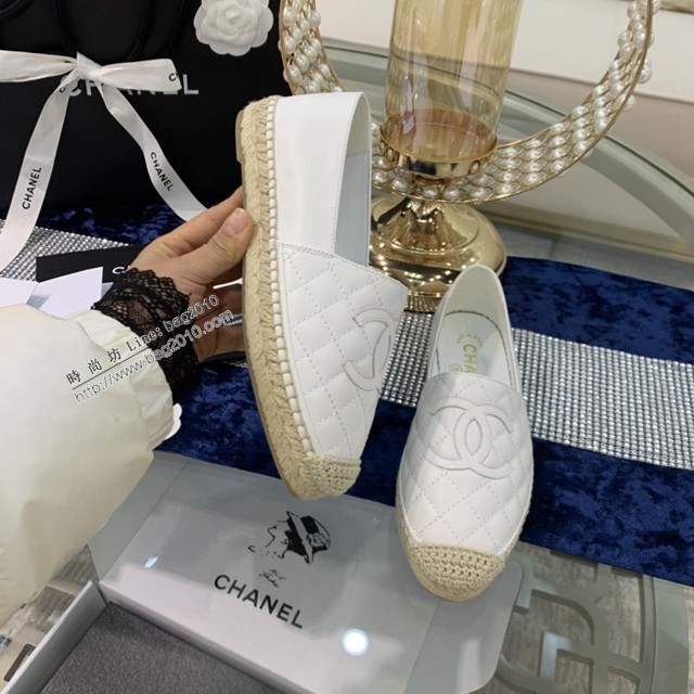 chanel2022最新頂級綿羊皮單鞋 香奈兒米白皮電繡拼色漁夫鞋 dx3519